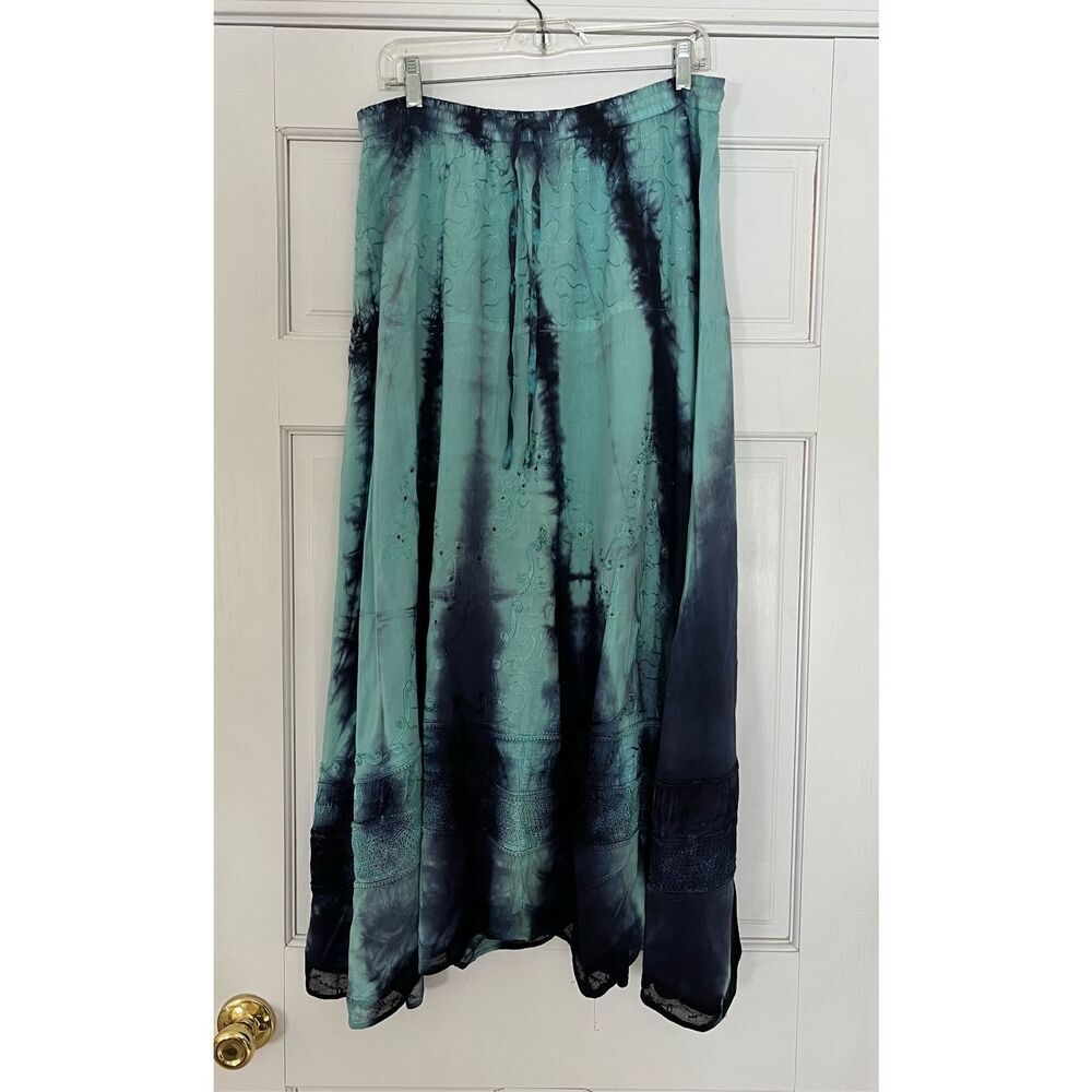 Vintage L.S.I Women's Small Blue Green Tie Dye Embroidered Midi Skirt Beach